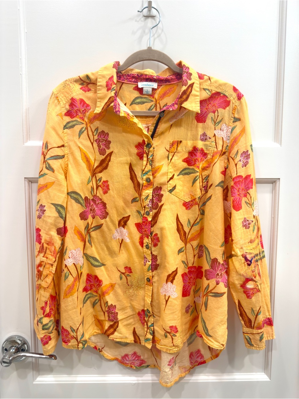 Sundance Yellow Floral Cotton 3/4 Sleeve Button Up Shirt Womenโs Large
